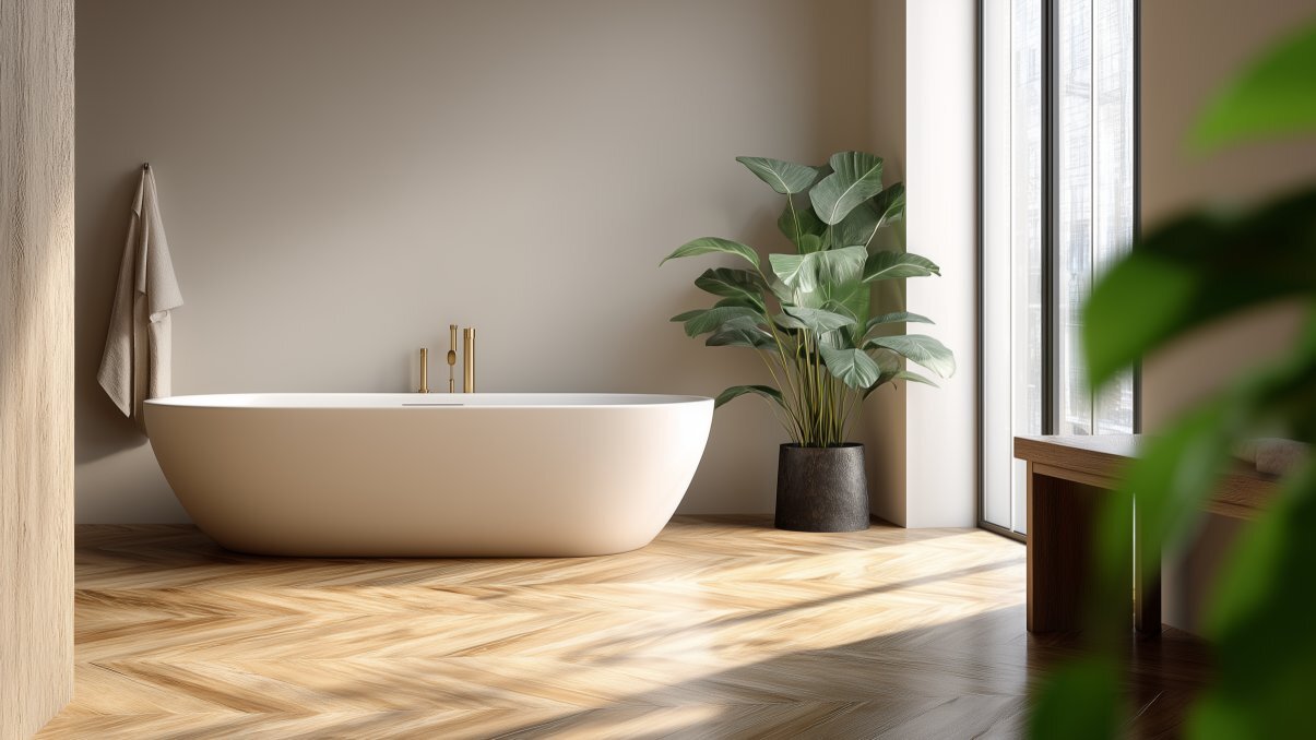 Ein modernes Badezimmer mit Parkettboden. Eine Badewanne steht frei im Raum neben einer Pflanze. Von der Seite tritt viel Licht durch ein bodentiefes Fenster.