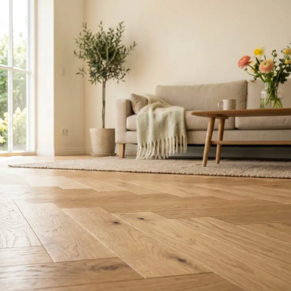 Helles Wohnzimmer mit großem Fenster, im Vordergrund ein hochwertiger, heller Eichenparkettboden im Frühling mit einfallendem Tageslicht und sanften Reflexionen.