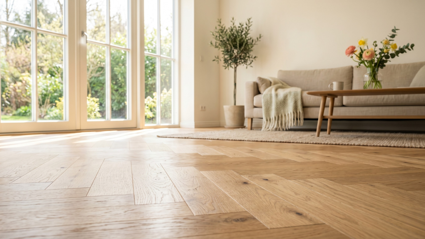 Helles Wohnzimmer mit großem Fenster, im Vordergrund ein hochwertiger, heller Eichenparkettboden im Frühling mit einfallendem Tageslicht und sanften Reflexionen.