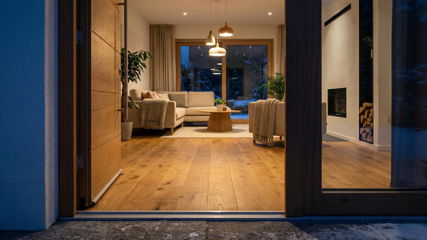 Blick durch eine offene Haustür über Eichenparkett in ein gemütliche eingerichtetes, warm beleuchtetes Wohnzimmer. Der Innenbereich steht im Kontrast zur winterlichen Dämmerung draußen.