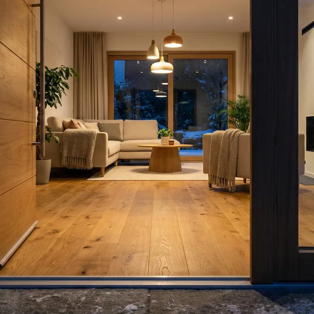 Blick durch eine offene Haustür über Eichenparkett in ein gemütliche eingerichtetes, warm beleuchtetes Wohnzimmer. Der Innenbereich steht im Kontrast zur winterlichen Dämmerung draußen.