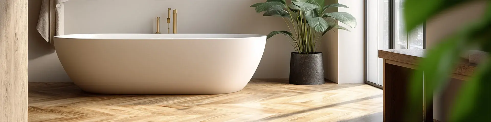 Badezimmer mit Parkettboden. Eine Badewanne steht frei im Raum. Daneben ist eine Zimmerpflanze in einem dunklen Blumentopf. Auf der rechten Seite ist ein bodentiefes Fenster, durch das viel natürliches Licht tritt.