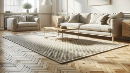 Modernes Wohnzimmer mit hellgrauem Sofa, Holztisch und großem Teppich - zur Kategorie Pflegeprodukte
