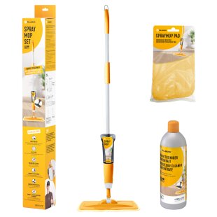 Produktbild Pallmann Spraymop Set. Es ist die Spray Mop Set Verpackung, der Wischmopp mit Spühfunktion, ein Ersatzpad und eine Flasche des Parkettreinigers abgebildet.