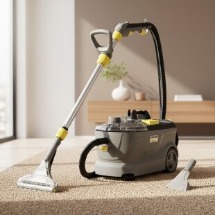 Der Waschsauger Kärcher Puzzi 10/1 steht mittig auf einem Teppich in einem stilvollen Wohnzimmer. Rechts daneben liegt ein Aufsatz zum Reinigen von Polstern. Im Hintergrund befindet sich ein Sideboard, auf dem Vasen als Deko platziert wurden.
