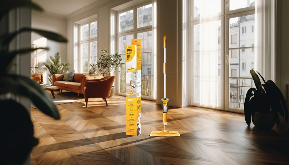 Wohnzimmer mit Holzboden auf dem ein Bodenwischer mittig platziert ist. Links daneben ist der Karton des Produkts. Im Hintergrund ist eine Fensterfront und ein Sofa abgebildet.