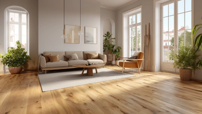 Modernes Wohnzimmer mit hochwertigem Parkett. Im Hintergrund stehen Pflanzen, Sofa, Couchtisch und Sessel. Durch die Fenster auf der rechten Seite kommt viel Tageslicht.